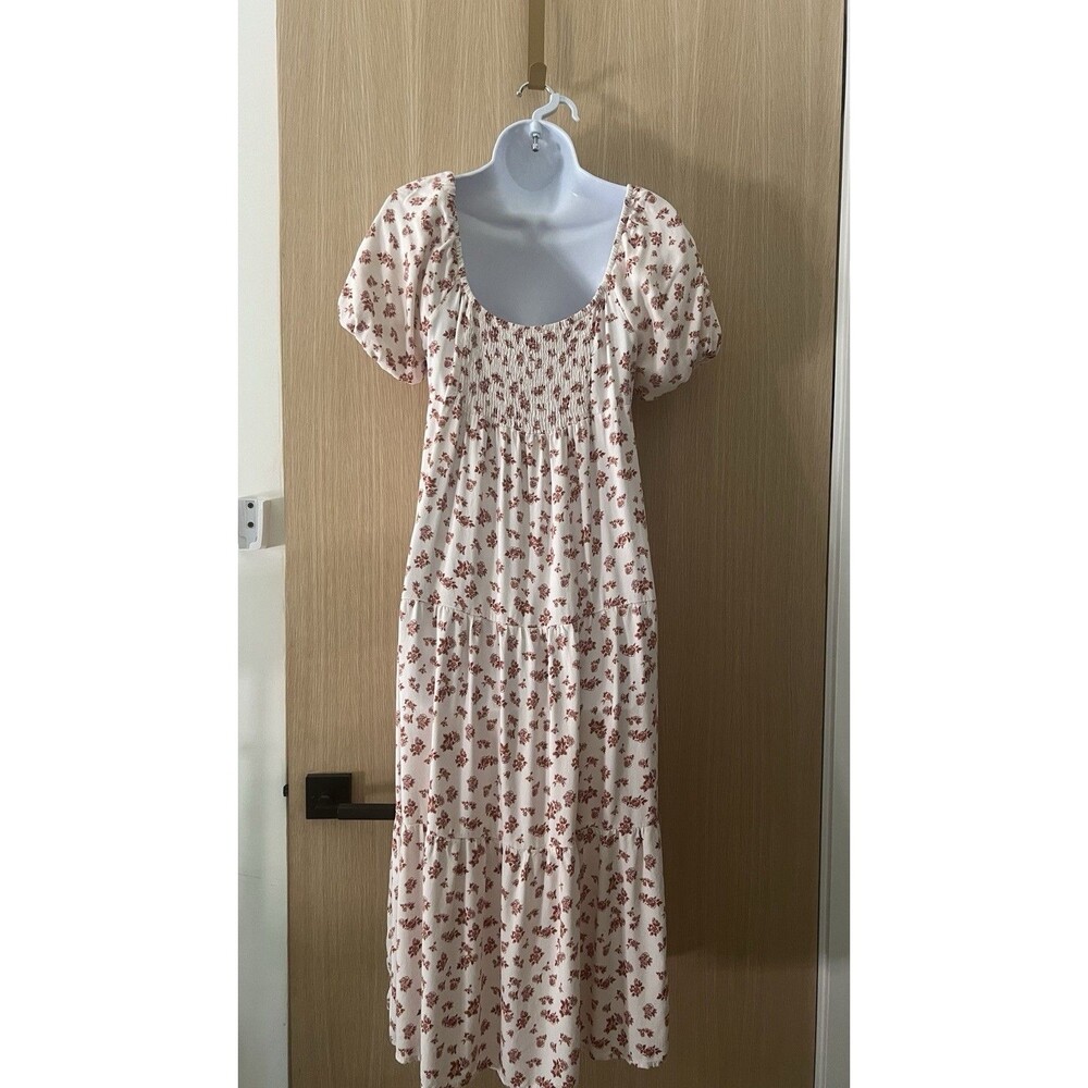 Kirious Los Angeles Floral Midi Dress Size Large Smocked Puffy Sleeves Rayon - Picture 7 of 12